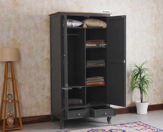 Mumbai Solid Wood Two Door Wardrobe - Wardrobes & Cabinets - Furniselan Slate-Grey