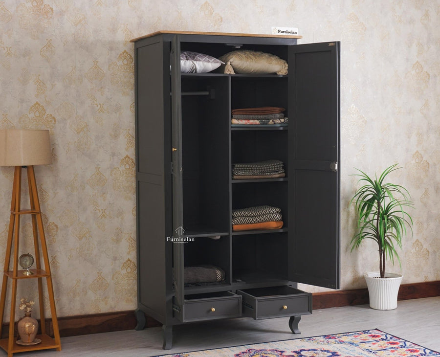 Mumbai Solid Wood Two Door Wardrobe - Wardrobes & Cabinets - Furniselan Slate-Grey