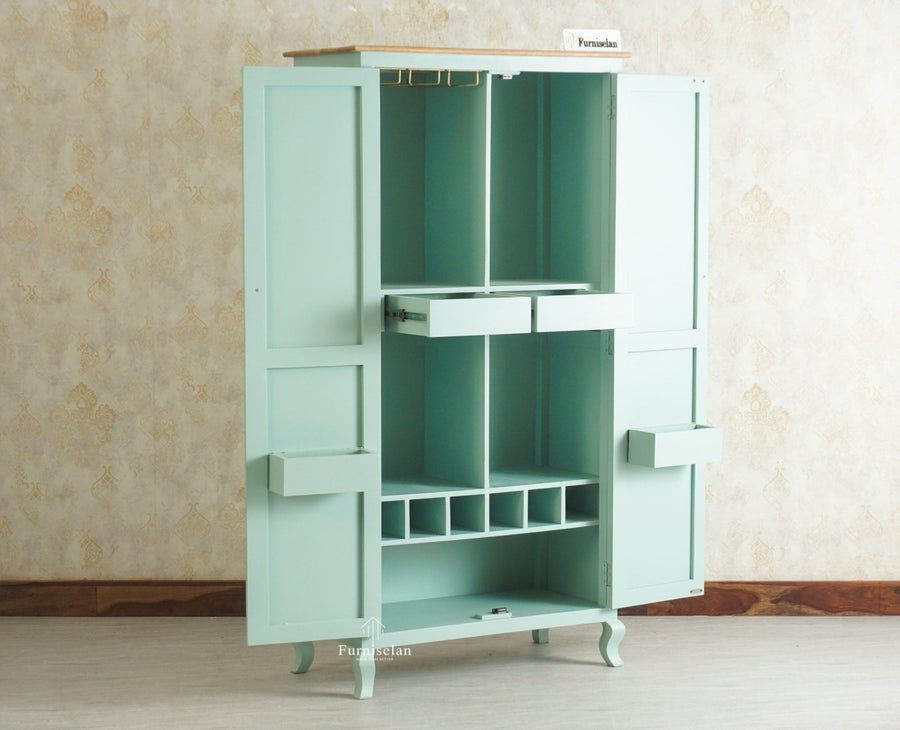 Mumbai Wooden Large Bar Cabinet with Glass Holder Storage Furniselan Silt Green