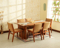 Nairobi Solid Acacia Wood Six Seater Dining Set-Premium Boucle Fabric - Teak Finish