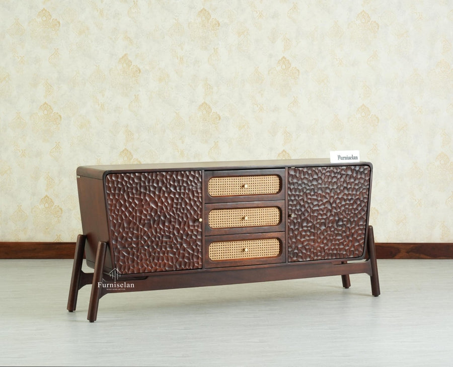 NewYork Wooden Rattan Cane Two Door Sideboard With Three Drawers - Grey Finish
