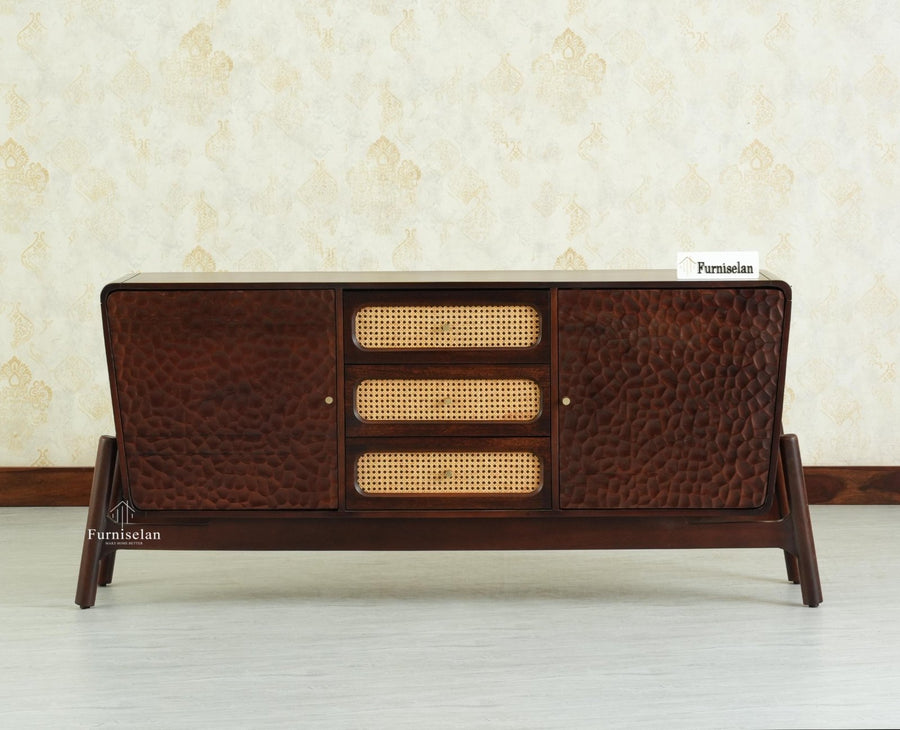 NewYork Wooden Rattan Cane Two Door Sideboard With Three Drawers - Grey Finish
