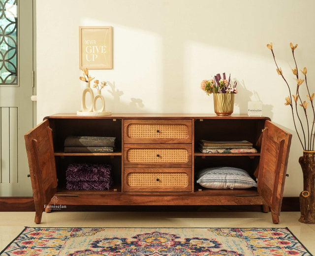 NewYork Wooden Rattan Cane Two Door Sideboard With Three Drawers - Natural Oak Finish
