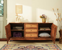 NewYork Wooden Rattan Cane Two Door Sideboard With Three Drawers - Natural Oak Finish
