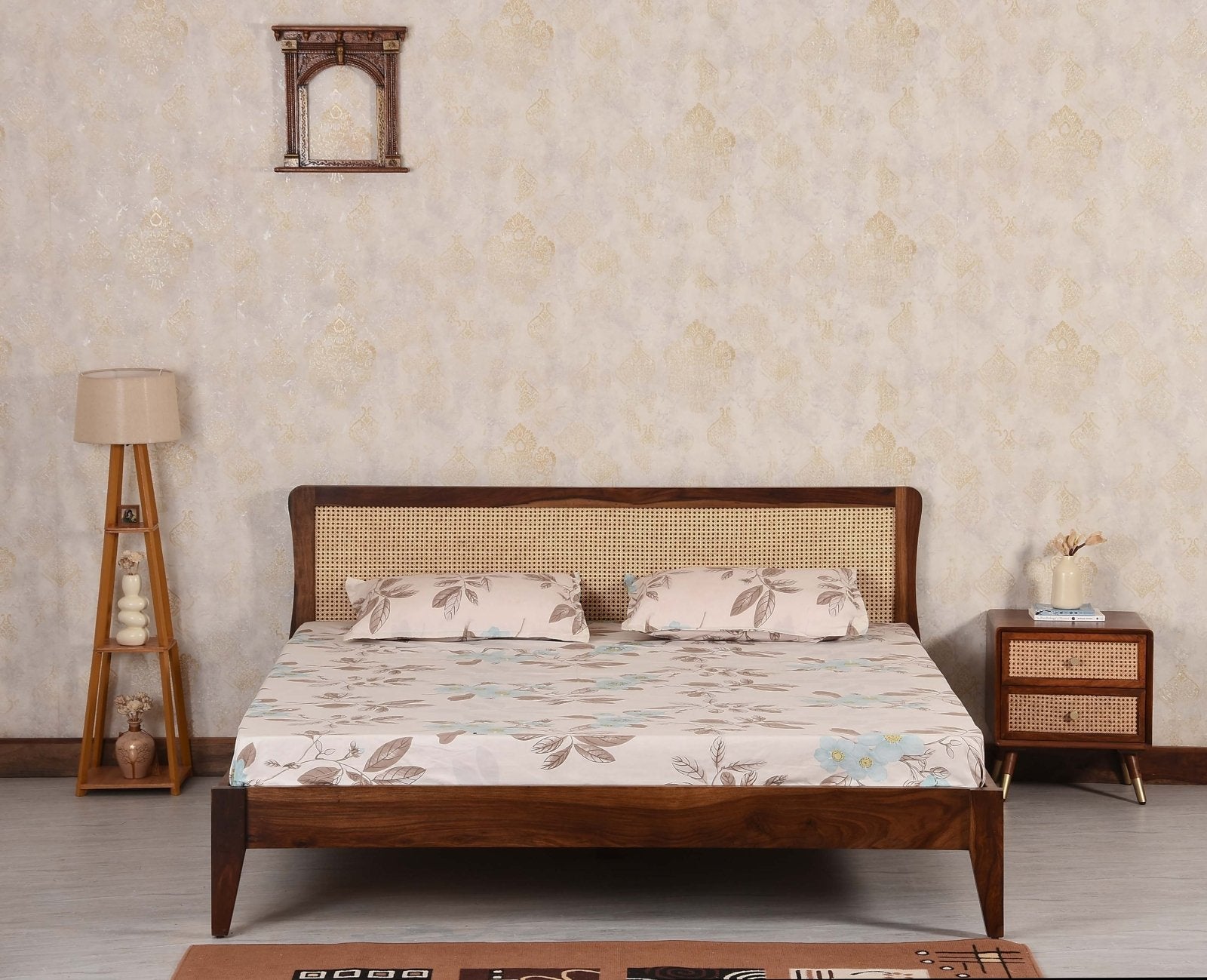 Norway Sheesham Wood Rattan Cane King Size Bed - King Size Bed -  Furniselan Teak Finish