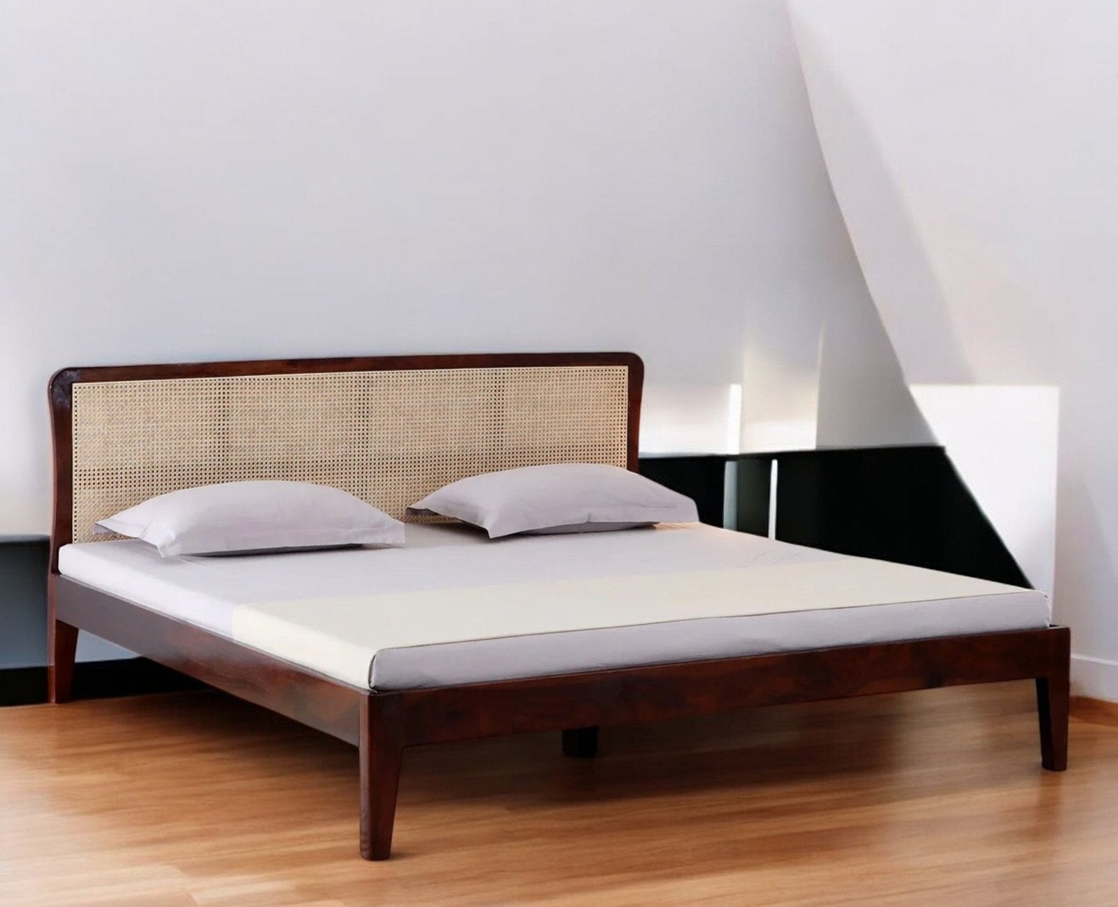 Norway Sheesham Wood Rattan Cane King Size Bed Furniselan - Maple-Finish