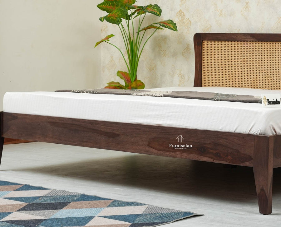 Norway Sheesham Wood Rattan Cane Queen Size Bed - King Size Bed - Furniselan - Grey Finish
