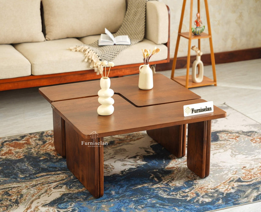 Pivot Flexi Wooden Coffee Table Multi Functions Use Coffee & Side Table Teak Finish