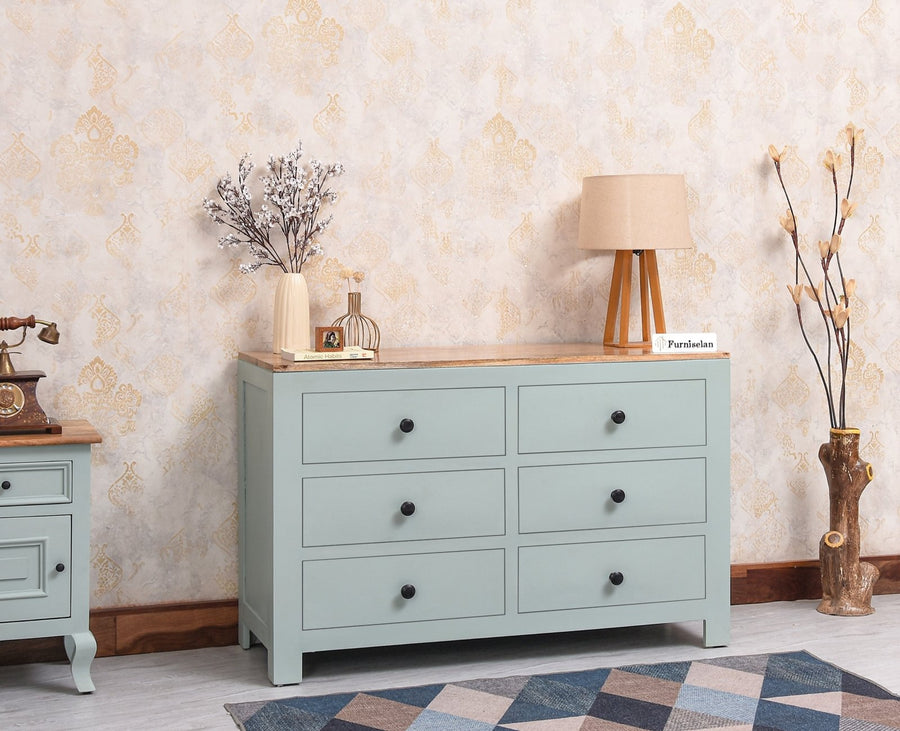 Portugal Solid Wood 6 Drawer Chest of Drawer - Chest of Drawer - Furniselan  Silt-Green