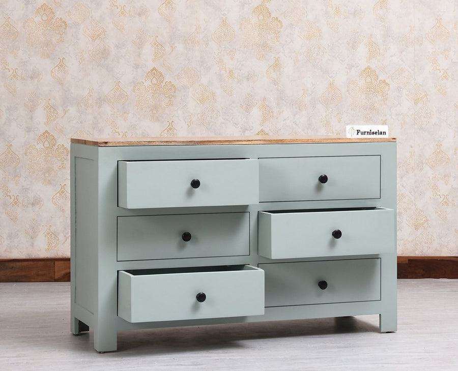 Portugal Solid Wood 6 Drawer Chest of Drawer - Chest of Drawer - Furniselan  Silt-Green