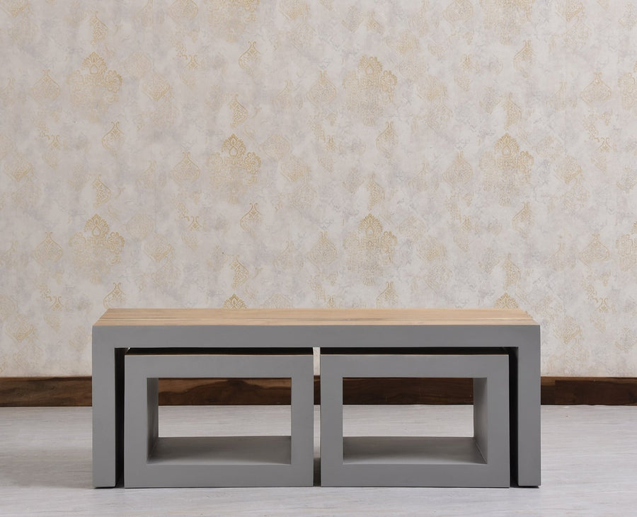 Portugal Solid Wood Coffee Table With Two Stool - Stools - Furniselan - Cool Grey