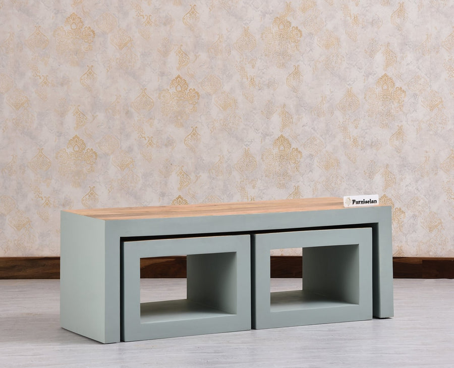 Portugal Solid Wood Coffee Table With Two Stool - Stools - Furniselan - Silt Green