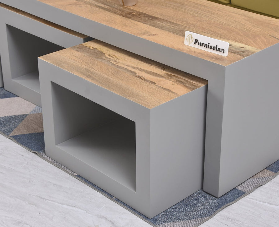 Portugal Solid Wood Coffee Table With Two Stool - Stools - Furniselan - Cool Grey
