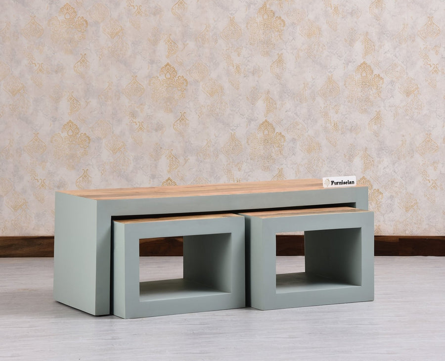 Portugal Solid Wood Coffee Table With Two Stool - Stools - Furniselan - Silt Green