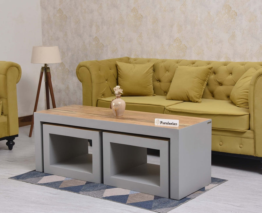 Portugal Solid Wood Coffee Table With Two Stool - Stools - Furniselan - Cool Grey
