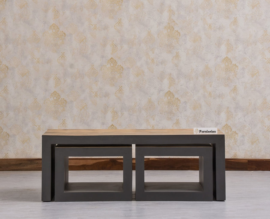 Portugal Solid Wood Coffee Table With Two Stool - Stools - Furniselan - Slate Grey