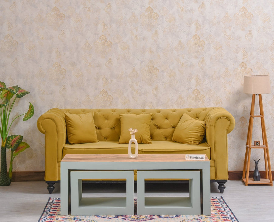 Portugal Solid Wood Coffee Table With Two Stool - Stools - Furniselan - Silt Green