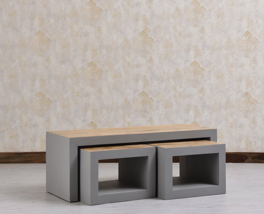 Portugal Solid Wood Coffee Table With Two Stool - Stools - Furniselan - Cool Grey