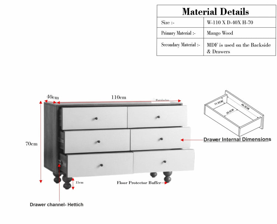 Puebla Solid Wood Six Drawer Chest of Drawer Furniselan