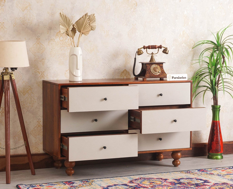 Puebla Solid Wood Six Drawer Chest of Drawer - Sideboard - Furniselan - Brown Finish
