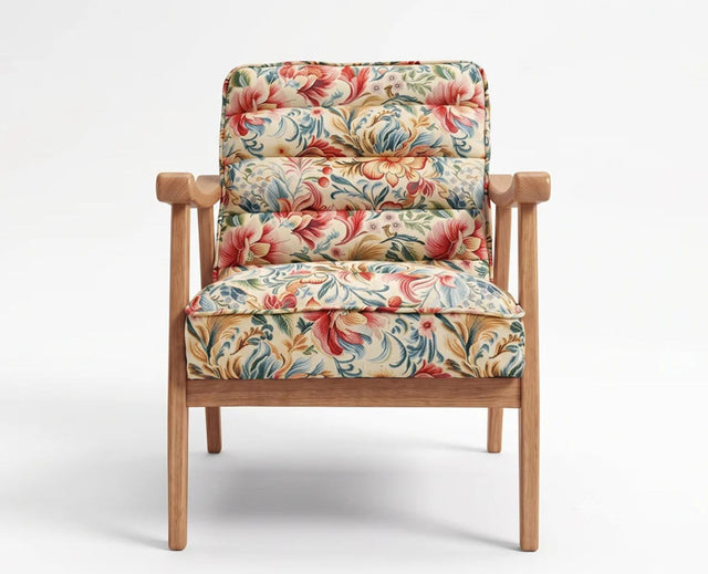 Levon Rubber Wood Arm Chair with Cotton Fabric - Cream / Multicolor Floral Print