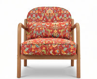 Harper Rubber Wood Arm Chair with Cotton Fabric - Rust Red / Multicolor Floral Print