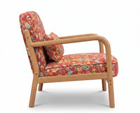 Harper Rubber Wood Arm Chair with Cotton Fabric - Rust Red / Multicolor Floral Print