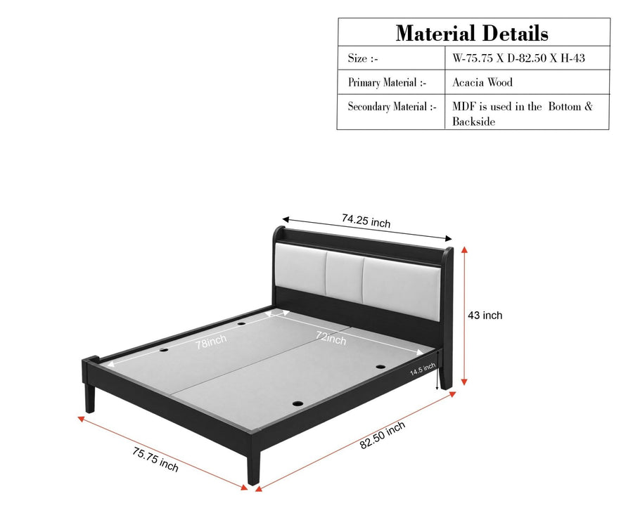 Santorini Wooden King Bed with Upholstered Headboard Black Finish