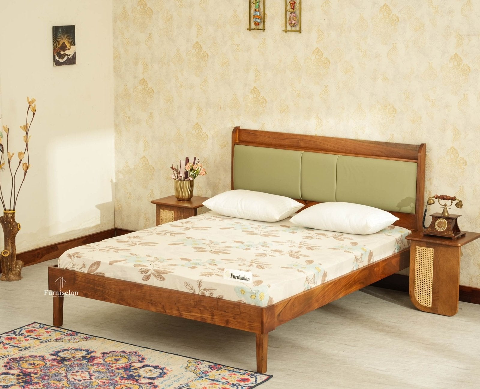 Santorini Wooden King Bed with Upholstered Headboard Teak Finish