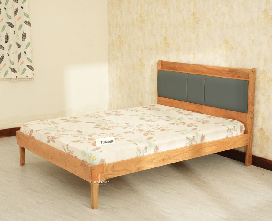 Santorini Wooden Queen Bed with Upholstered Headboard Natural Finish