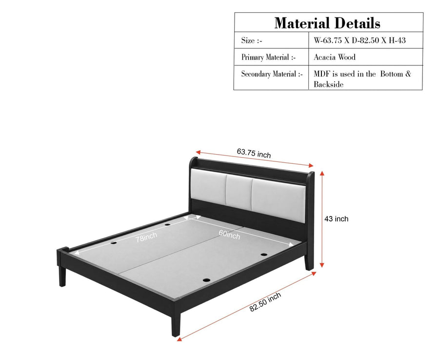 Santorini Wooden Queen Bed with Upholstered Headboard Black Finish