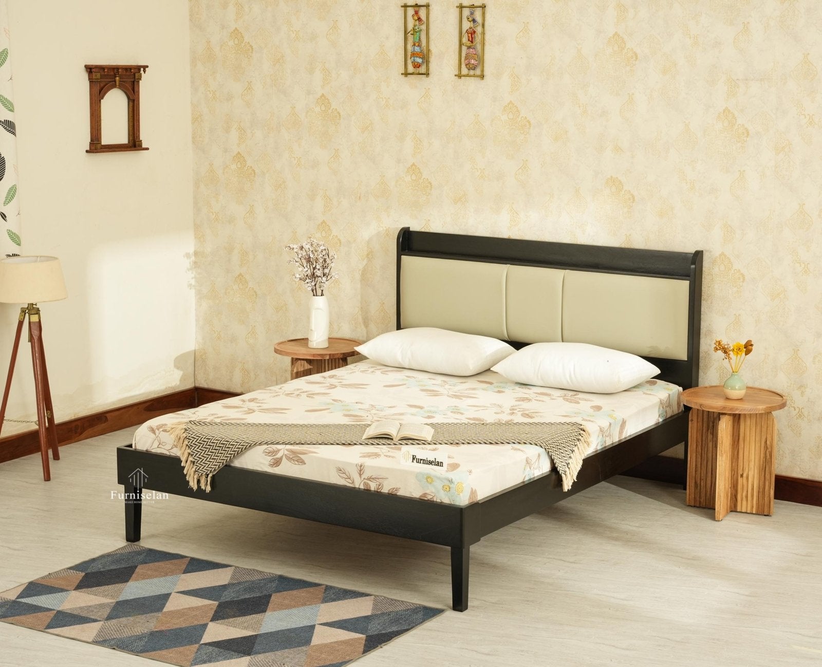 Santorini Wooden Queen Bed with Upholstered Headboard Black Finish