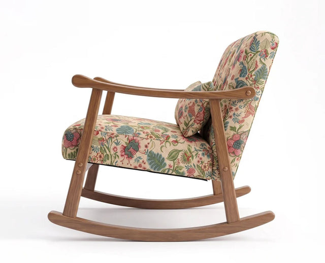 Elias Rubber Wood Rocking Chair with Cotton Fabric - Cream / Multicolor Floral Print