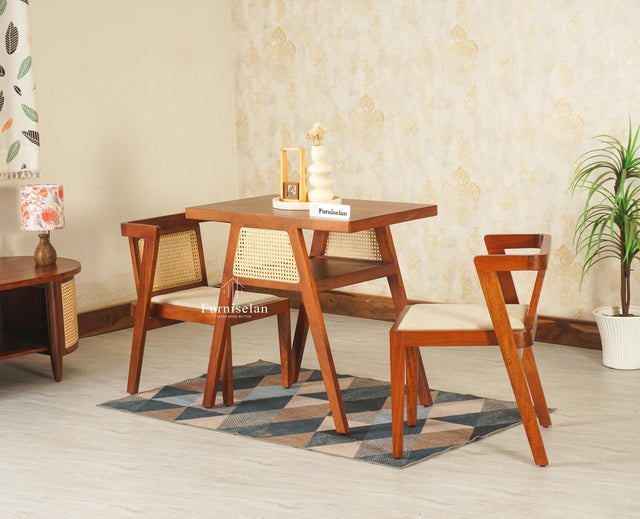 SmartFit Compact Solid Wood Rattan Cane Dining Set Two Seater - Dining Set - Furniselan Brown Finish 
