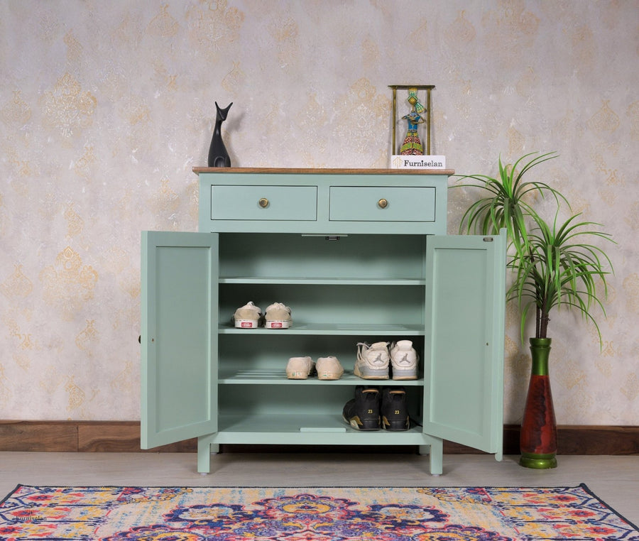 Spain Solid Mango Wood Shoe Rack Cabinet - 2 Doors & 2 Drawers - Sideboard - Furniselan - Silt-Green
