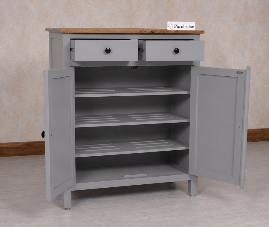 Spain Solid Mango Wood Shoe Rack Cabinet - 2 Doors & 2 Drawers - Sideboard - Furniselan -  Cool Grey