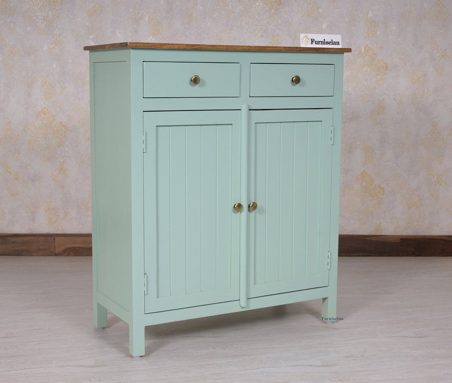 Spain Solid Mango Wood Shoe Rack Cabinet - 2 Doors & 2 Drawers - Sideboard - Furniselan - Silt-Green
