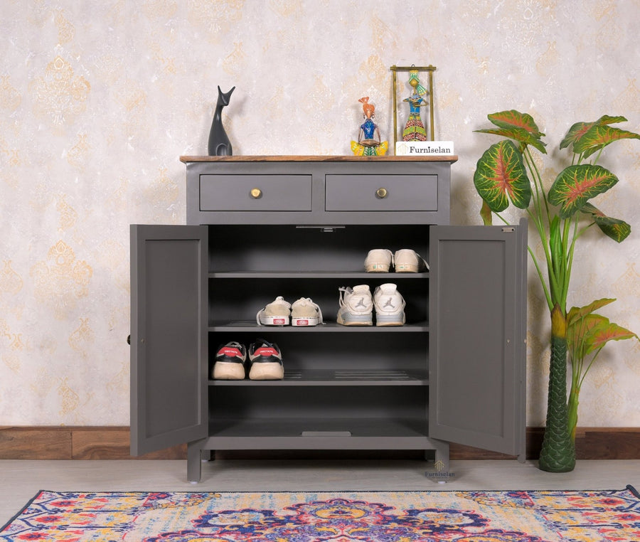 Spain Solid Mango Wood Shoe Rack Cabinet - 2 Doors & 2 Drawers - Sideboard - Furniselan - Slate-Grey