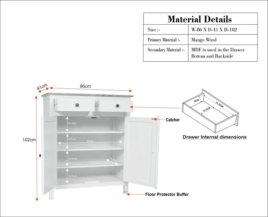 Spain Solid Mango Wood Shoe Rack Cabinet - 2 Doors & 2 Drawers - Sideboard - Furniselan - Slate-Grey