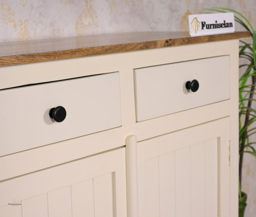 Spain Solid Mango Wood Shoe Rack Cabinet - 2 Doors & 2 Drawers - Sideboard - Furniselan - Frosty-White