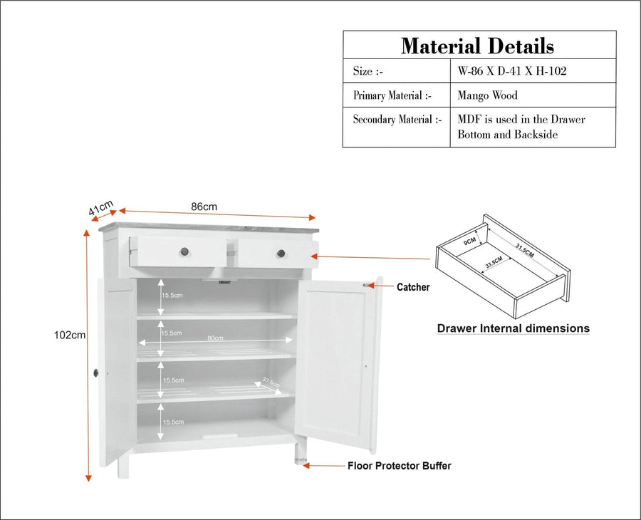 Spain Solid Mango Wood Shoe Rack Cabinet - 2 Doors & 2 Drawers - Sideboard - Furniselan -  Cool Grey