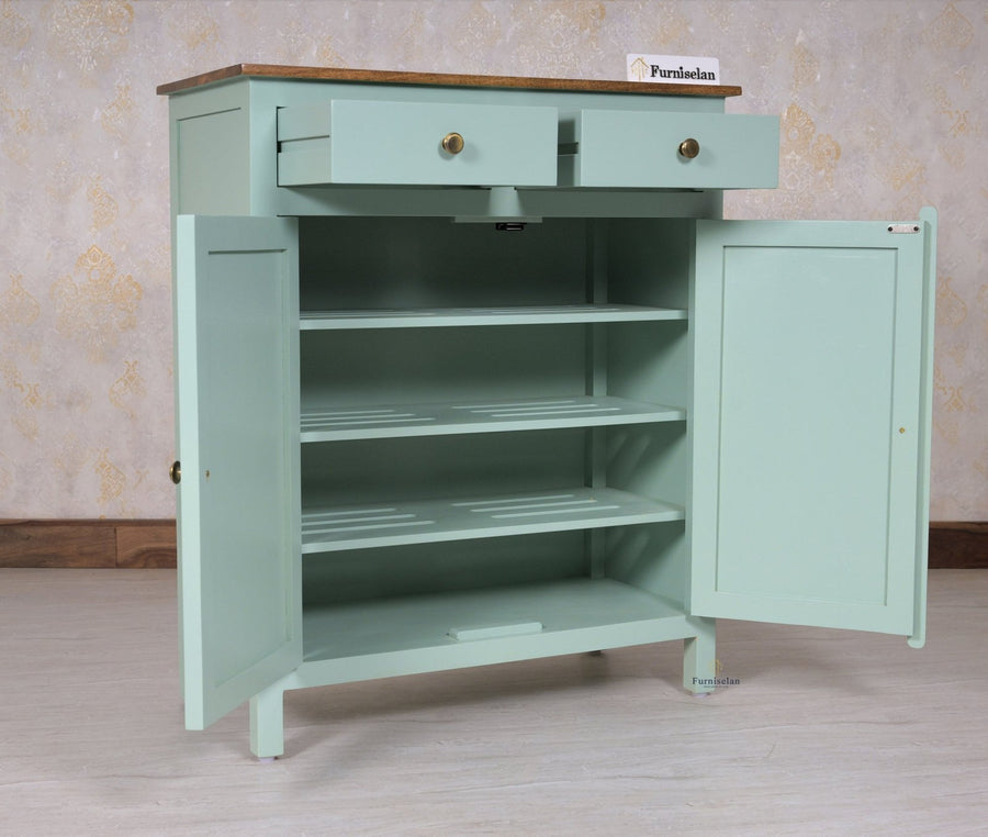 Spain Solid Mango Wood Shoe Rack Cabinet - 2 Doors & 2 Drawers - Sideboard - Furniselan - Silt-Green