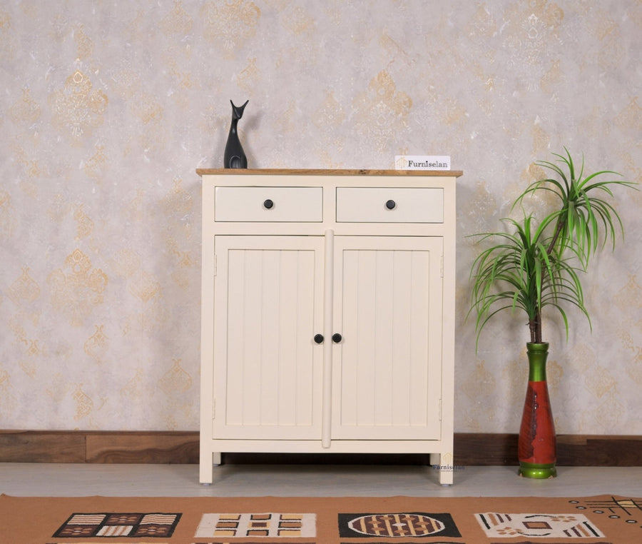 Spain Solid Mango Wood Shoe Rack Cabinet - 2 Doors & 2 Drawers - Sideboard - Furniselan - Frosty-White