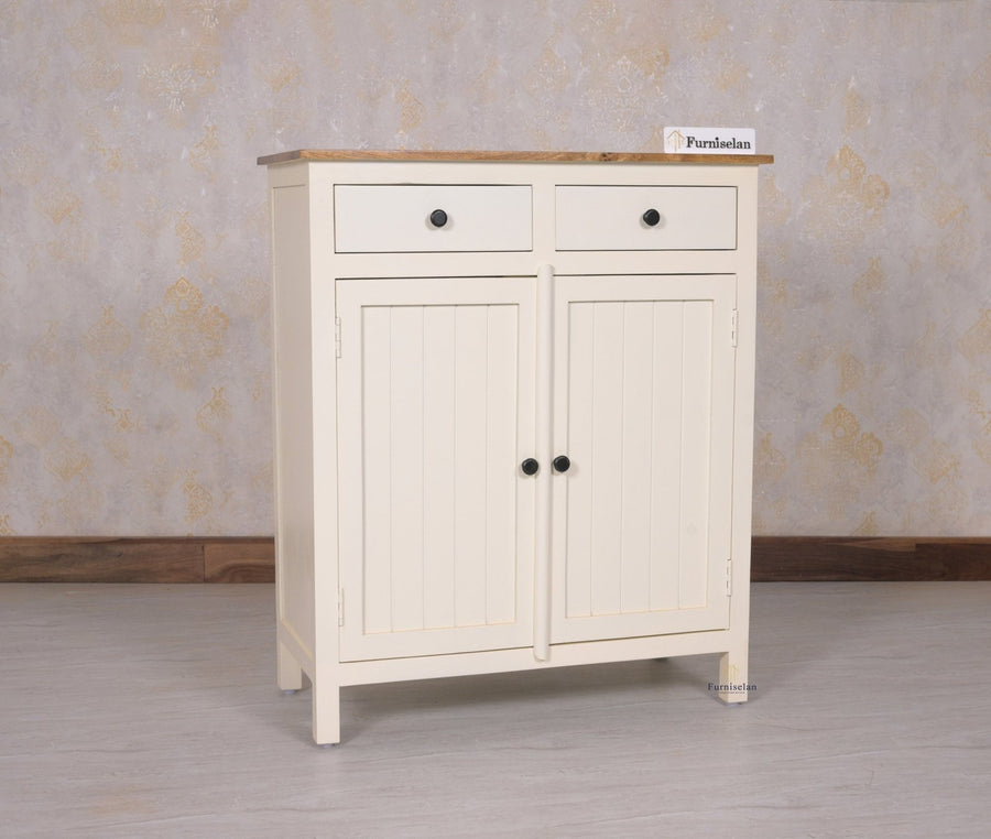 Spain Solid Mango Wood Shoe Rack Cabinet - 2 Doors & 2 Drawers - Sideboard - Furniselan - Frosty-White