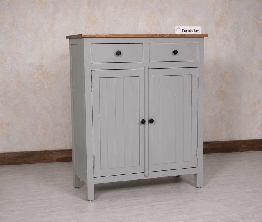 Spain Solid Mango Wood Shoe Rack Cabinet - 2 Doors & 2 Drawers - Sideboard - Furniselan -  Cool Grey