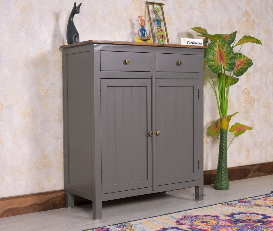 Spain Solid Mango Wood Shoe Rack Cabinet - 2 Doors & 2 Drawers - Sideboard - Furniselan - Slate-Grey