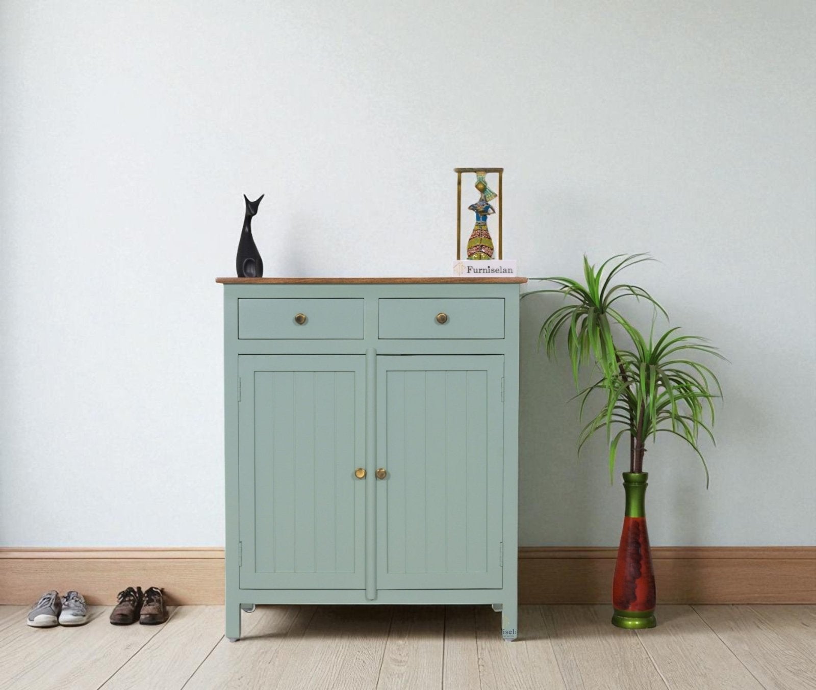 Spain Solid Mango Wood Shoe Rack Cabinet - 2 Doors & 2 Drawers - Sideboard - Furniselan - Silt-Green