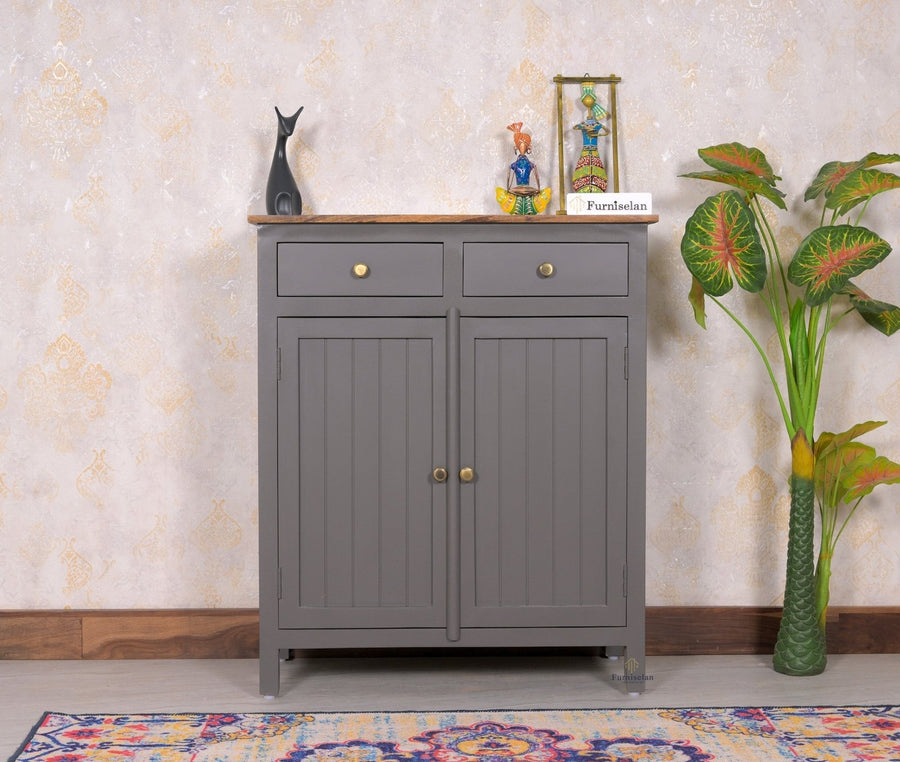 Spain Solid Mango Wood Shoe Rack Cabinet - 2 Doors & 2 Drawers - Sideboard - Furniselan - Slate-Grey