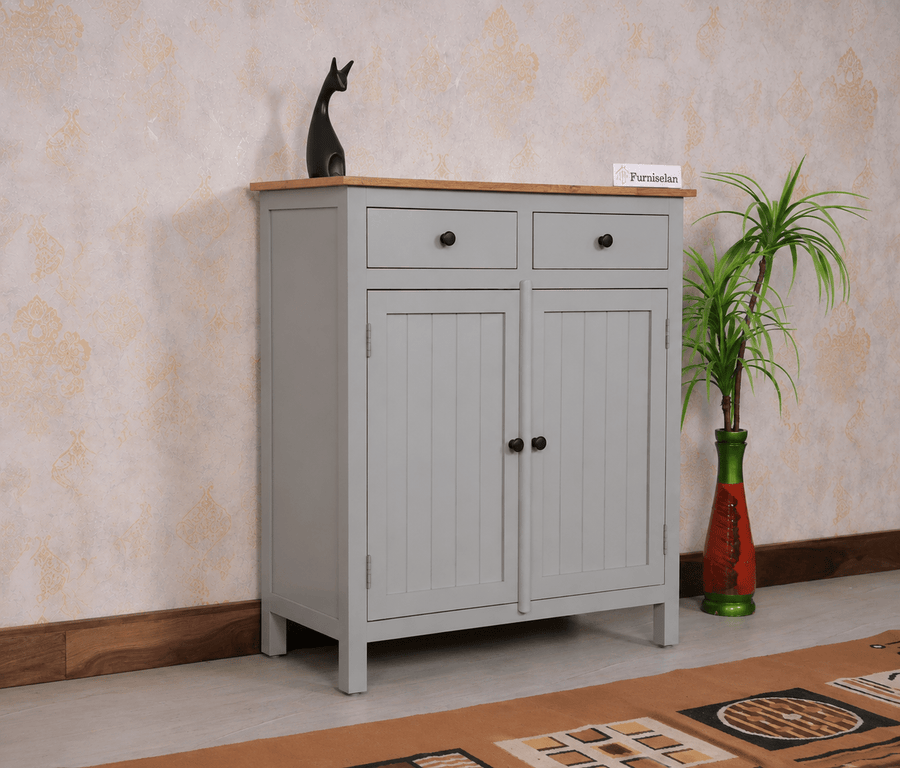 Spain Solid Mango Wood Shoe Rack Cabinet - 2 Doors & 2 Drawers - Sideboard - Furniselan -  Cool Grey