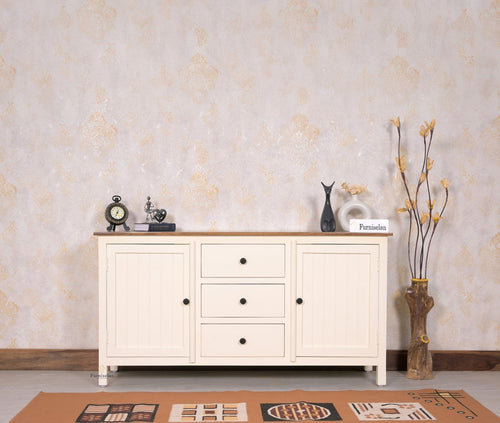 Spain Solid Mango Wood Sideboard Cabinet- 2 Doors & 3 Drawers Furniselan - Frosty-White